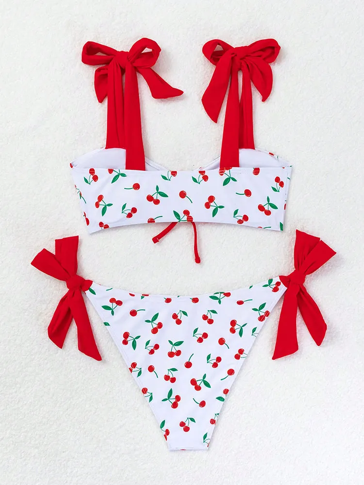 Cherry Print Adjustable Strap Two Pieces Women Bikini