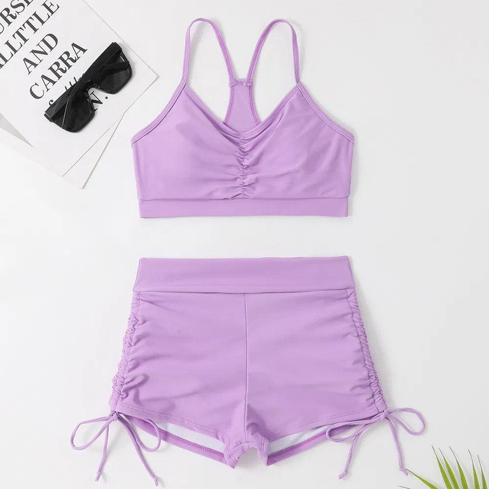 Factory Solid Color Two Pieces Sports Bikini with Boyshorts