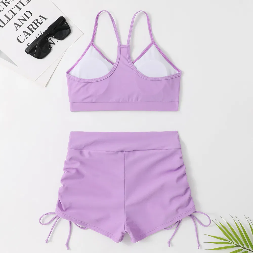 Factory Solid Color Two Pieces Sports Bikini with Boyshorts