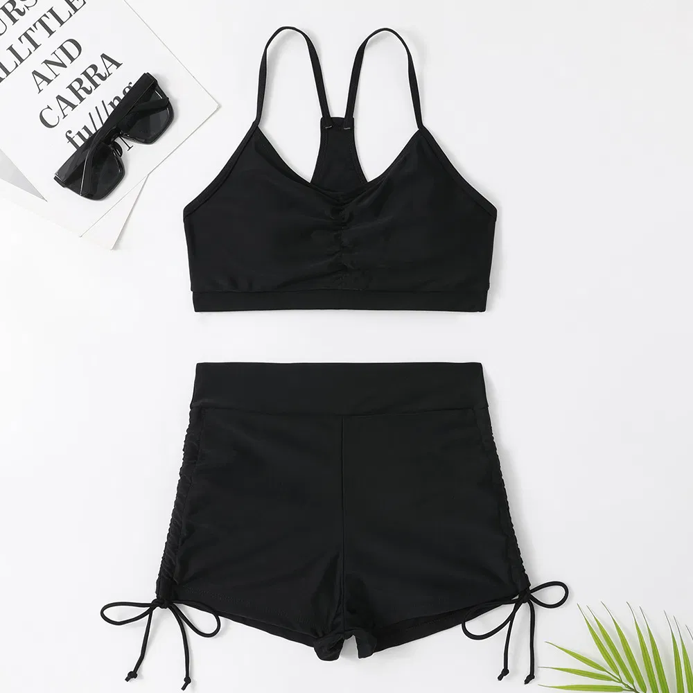 Factory Solid Color Two Pieces Sports Bikini with Boyshorts