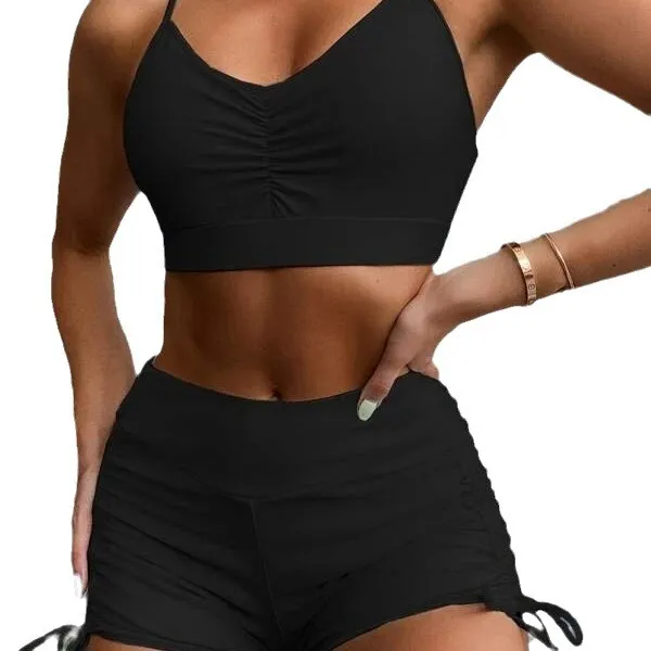 Factory Solid Color Two Pieces Sports Bikini with Boyshorts