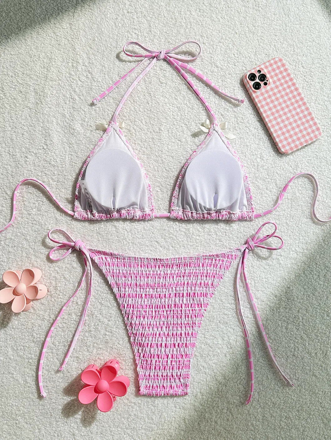 Factory Smocking Halter Two Pieces Bows Women Bikini
