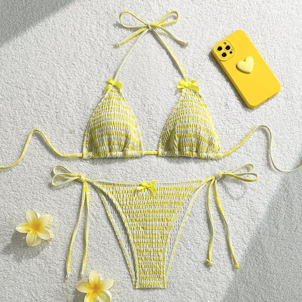 Factory Smocking Halter Two Pieces Bows Women Bikini