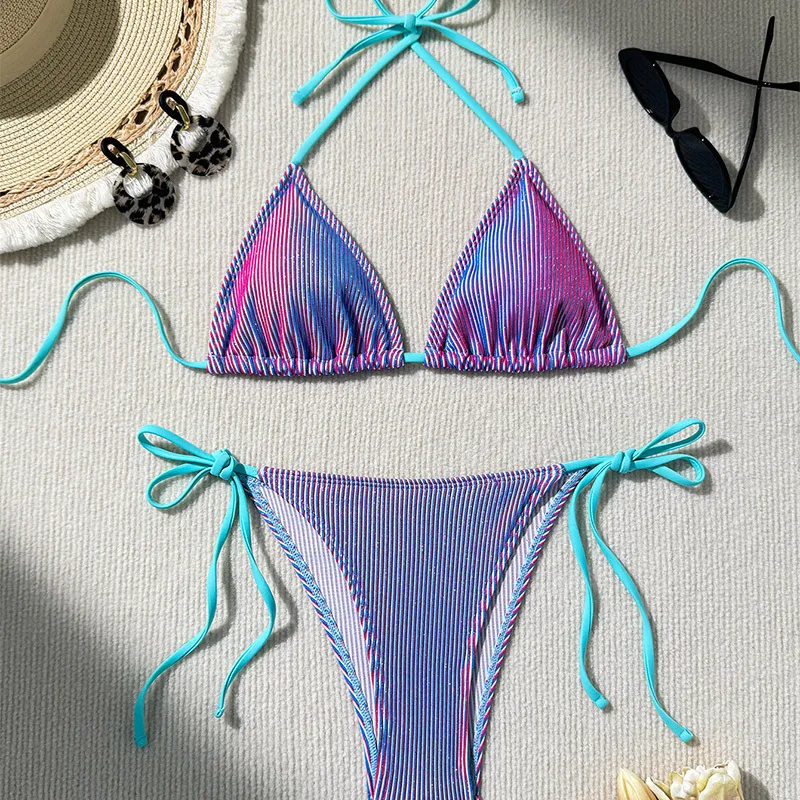 Custom Lady Sexy Hot Two Pieces Bikini High Quality Women Swimwear with Metallic Fabric