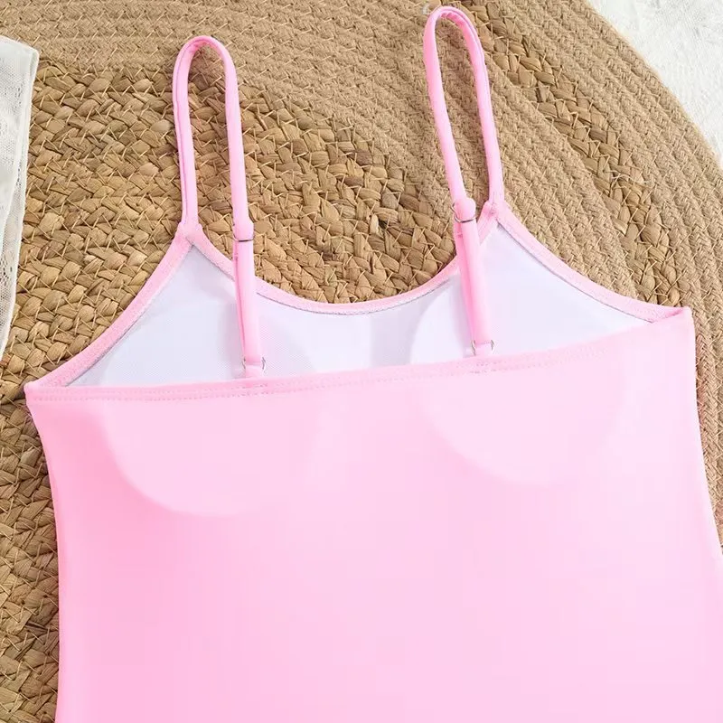 Wholesale Kids Girls Solid Color One Piece Swimsuit with Mesh Cover up