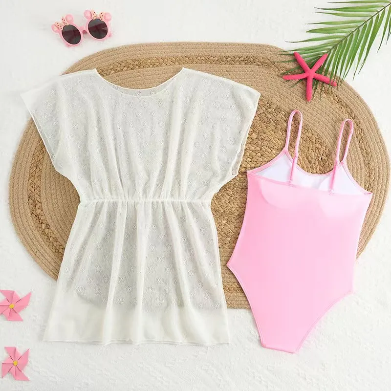 Wholesale Kids Girls Solid Color One Piece Swimsuit with Mesh Cover up