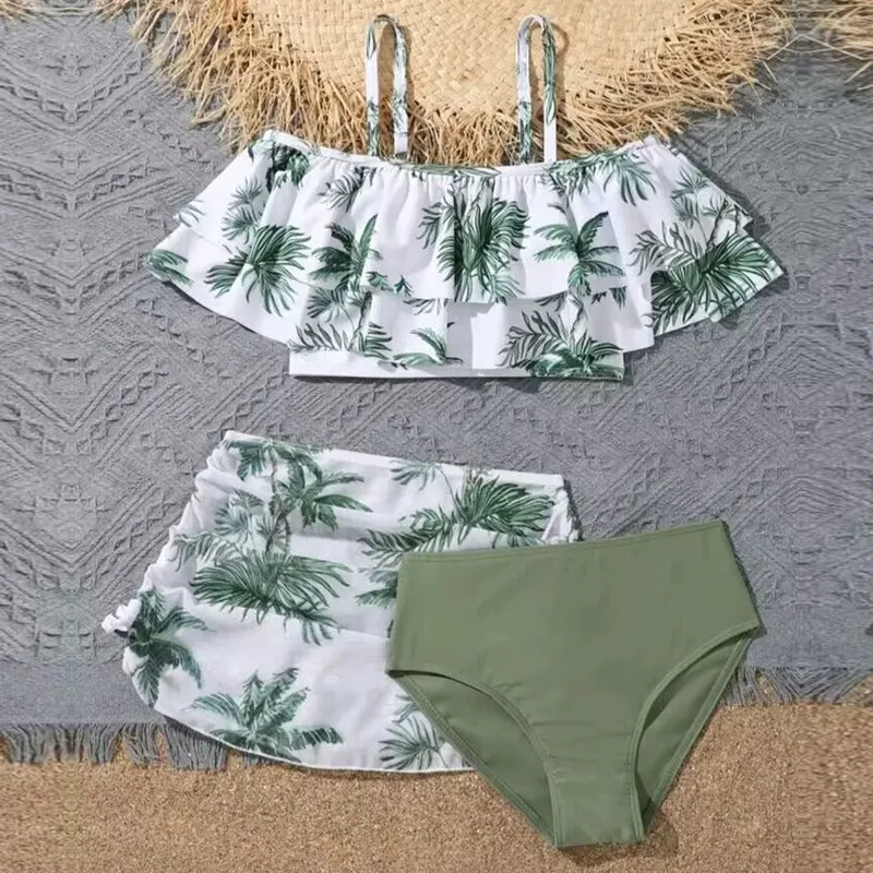 Hot Sale Kids Baby Girl Lovely Tropical Print Three Piece Swimwear Beachwear Children Bikini