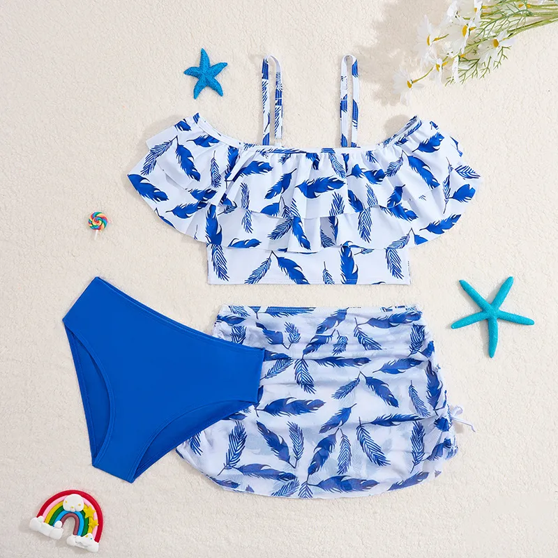 Hot Sale Kids Baby Girl Lovely Tropical Print Three Piece Swimwear Beachwear Children Bikini