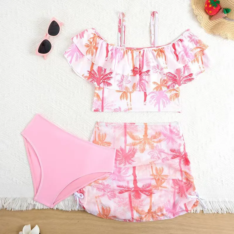 Hot Sale Kids Baby Girl Lovely Tropical Print Three Piece Swimwear Beachwear Children Bikini
