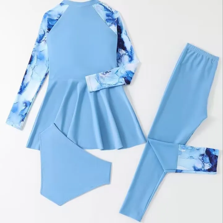 Factory Wholesale Kids Surfing Three Pieces Bikini Printed Long Sleeves Zipper Swimsuit with Trousers