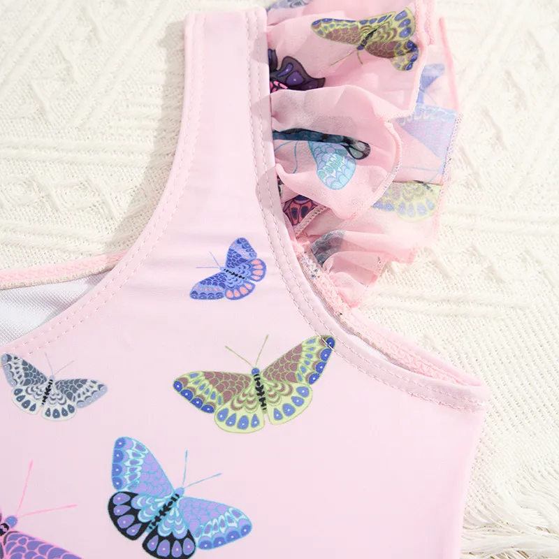 One Shoulder Ruffle Baby Girls High Quality Butterfly Print Bikini Set Children Beach Swimwear