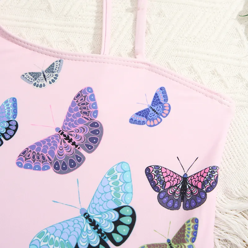 One Shoulder Ruffle Baby Girls High Quality Butterfly Print Bikini Set Children Beach Swimwear