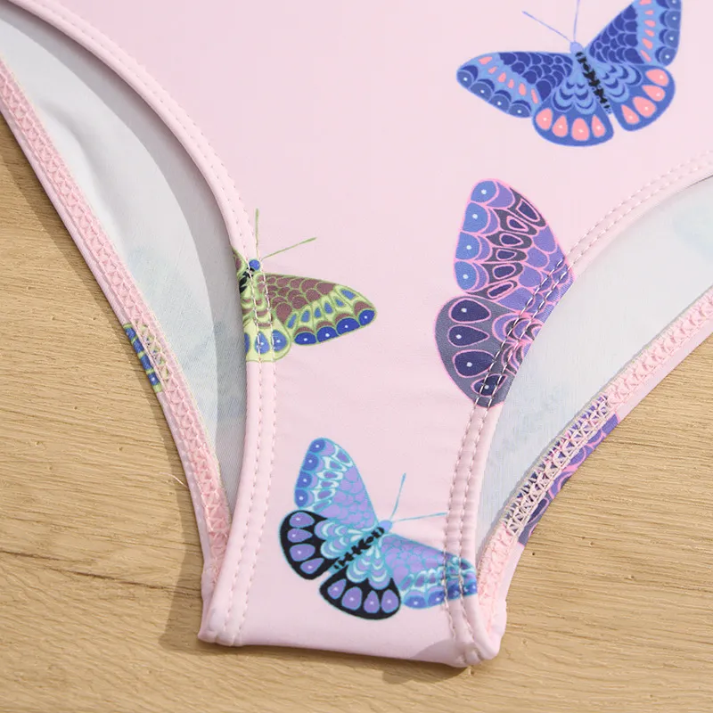 One Shoulder Ruffle Baby Girls High Quality Butterfly Print Bikini Set Children Beach Swimwear