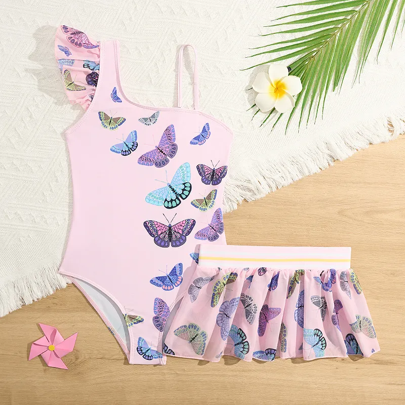 One Shoulder Ruffle Baby Girls High Quality Butterfly Print Bikini Set Children Beach Swimwear