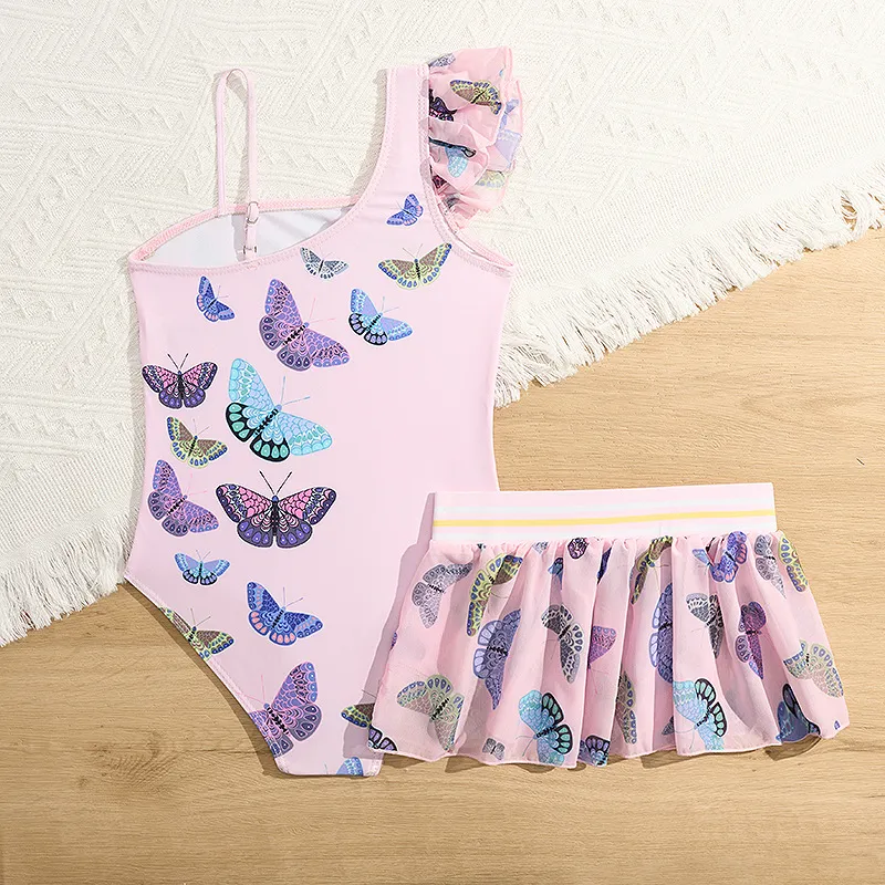 One Shoulder Ruffle Baby Girls High Quality Butterfly Print Bikini Set Children Beach Swimwear