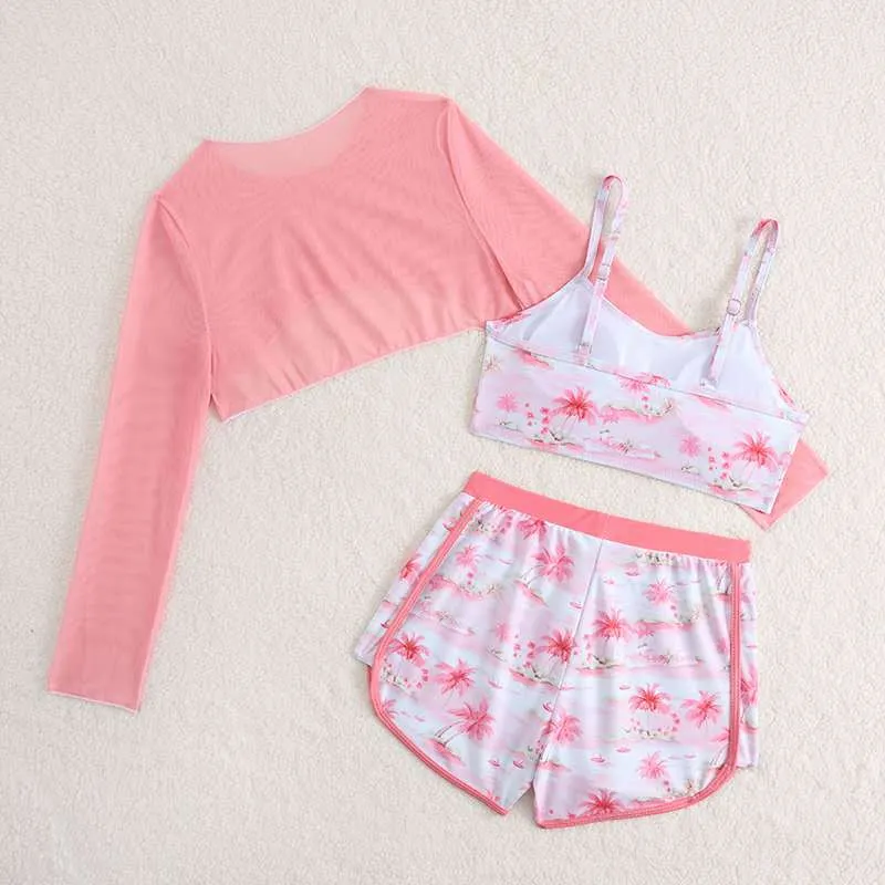 Summer Coconut Tree Print Three Pieces Girl Bikini with Boyshort Mesh Long-Sleeved Tops Child Swimsuit