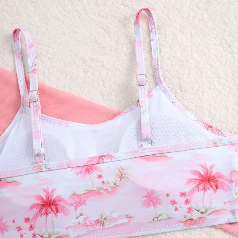 Summer Coconut Tree Print Three Pieces Girl Bikini with Boyshort Mesh Long-Sleeved Tops Child Swimsuit
