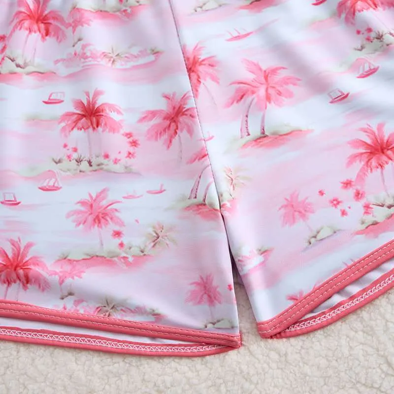 Summer Coconut Tree Print Three Pieces Girl Bikini with Boyshort Mesh Long-Sleeved Tops Child Swimsuit