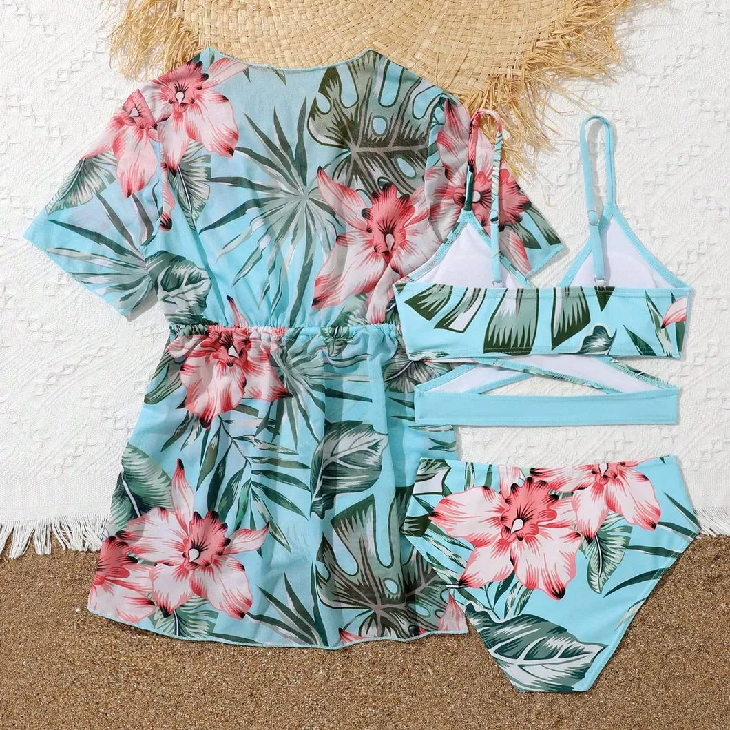 Girl Swimwear Tropical Floral Print Cross Over Top with Mesh Cover up