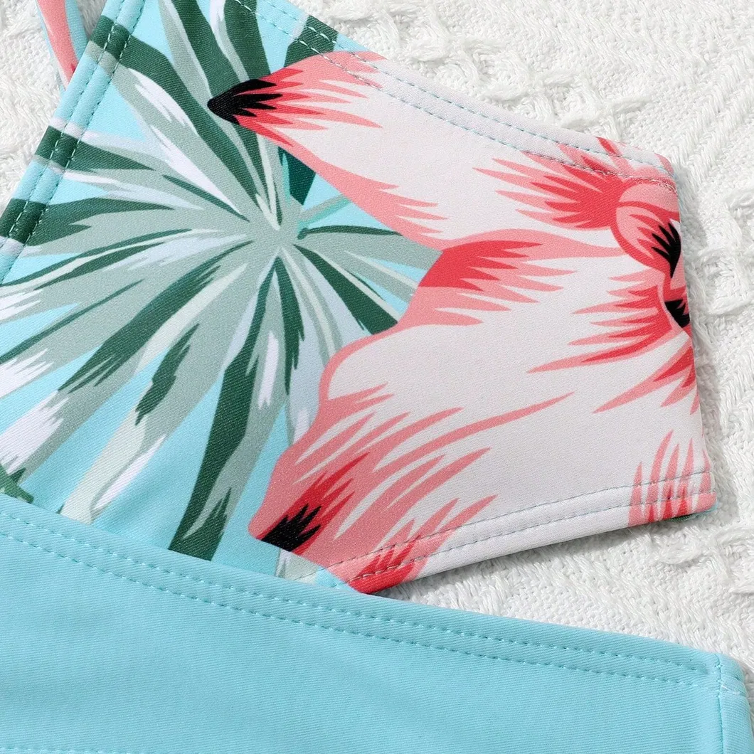 Girl Swimwear Tropical Floral Print Cross Over Top with Mesh Cover up