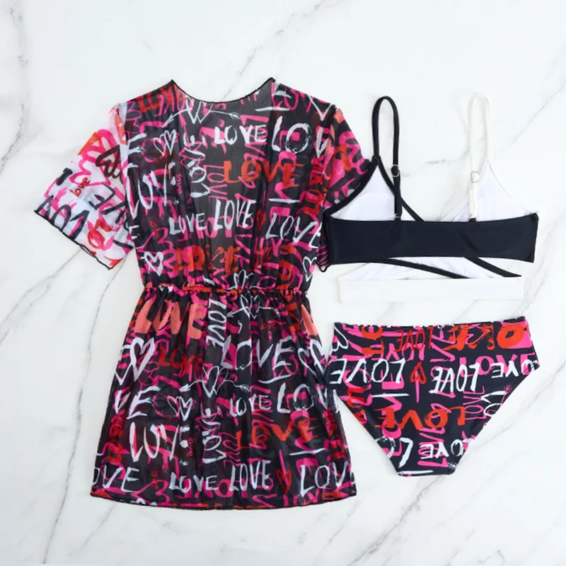 Girl Swimwear Tropical Floral Print Cross Over Top with Mesh Cover up