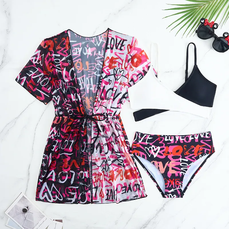 Girl Swimwear Tropical Floral Print Cross Over Top with Mesh Cover up