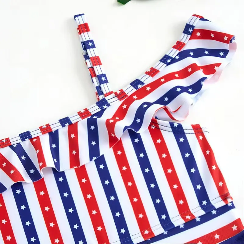 Factory Baby Girl One Pieces Bikini off-Shoulder Ruffle Bathing Suit Striped Printed Swimwear