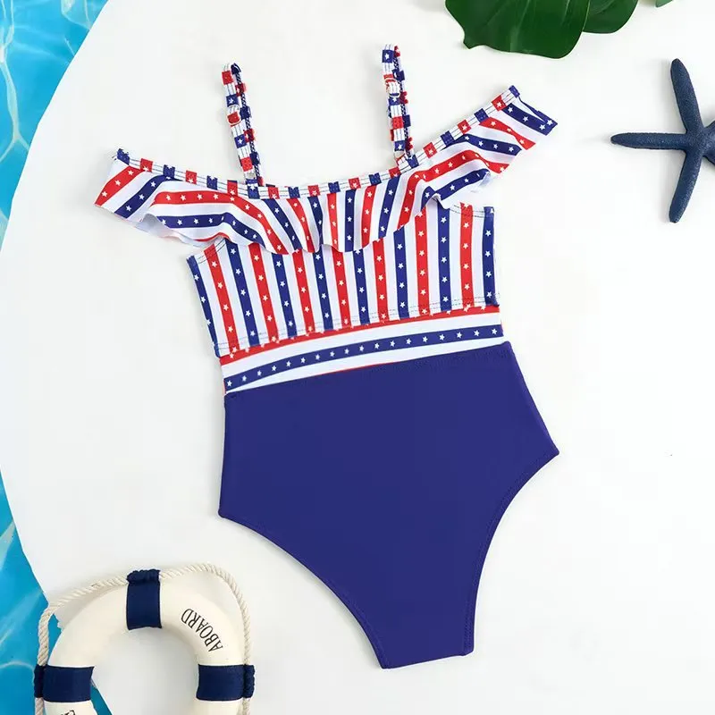 Factory Baby Girl One Pieces Bikini off-Shoulder Ruffle Bathing Suit Striped Printed Swimwear