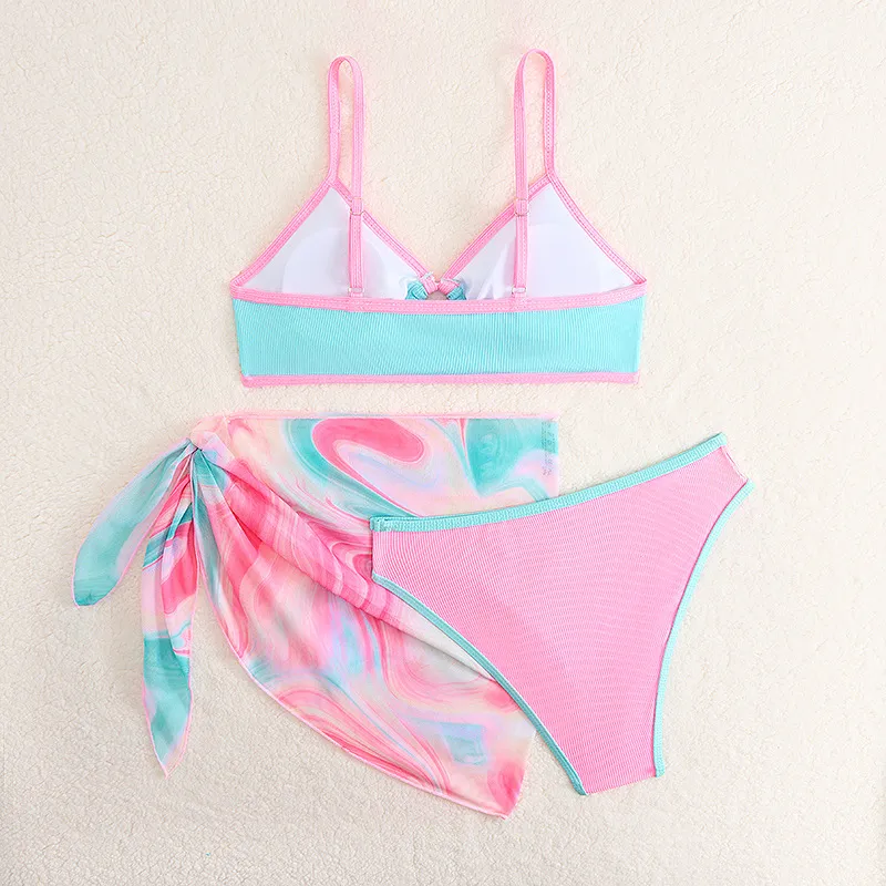 Hot Sale Contrast Kids Cute Three Pieces Children Swimwear with Tie Dye Mesh Cover up