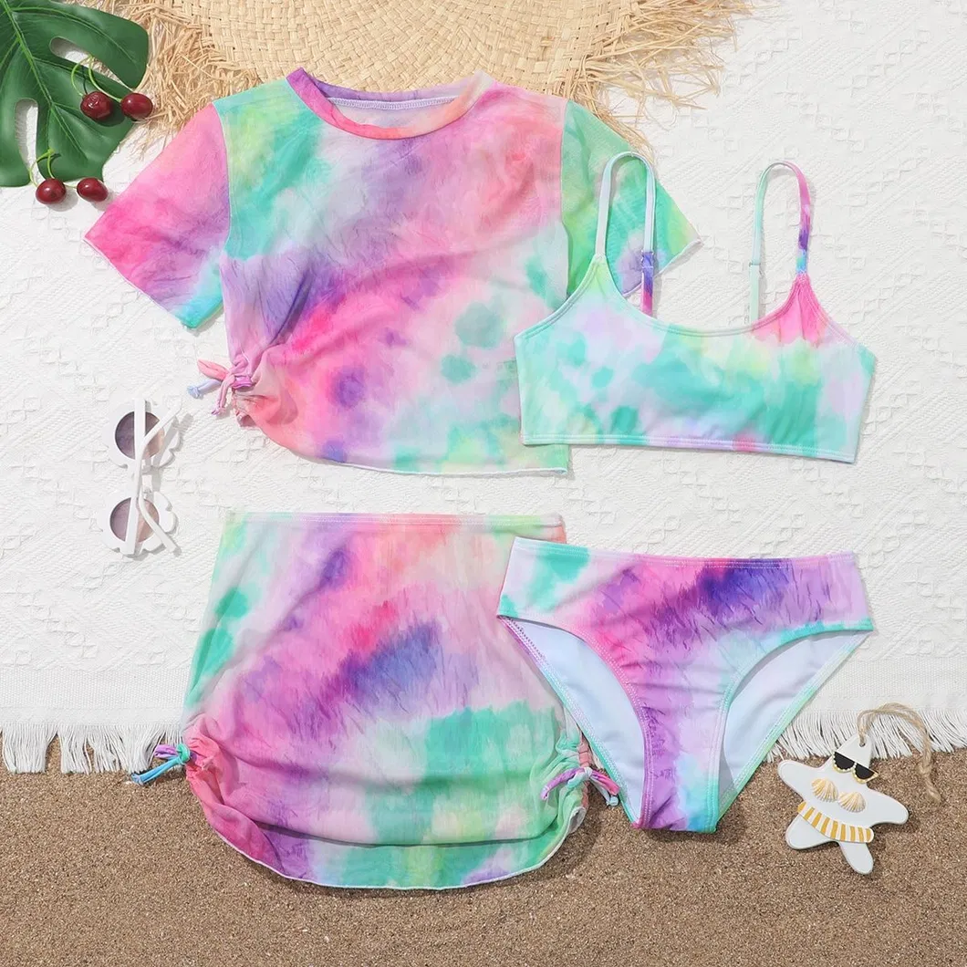 Designer Tie-Dye Colorful Girl Four Pieces Swimsuit with Mini Skirt