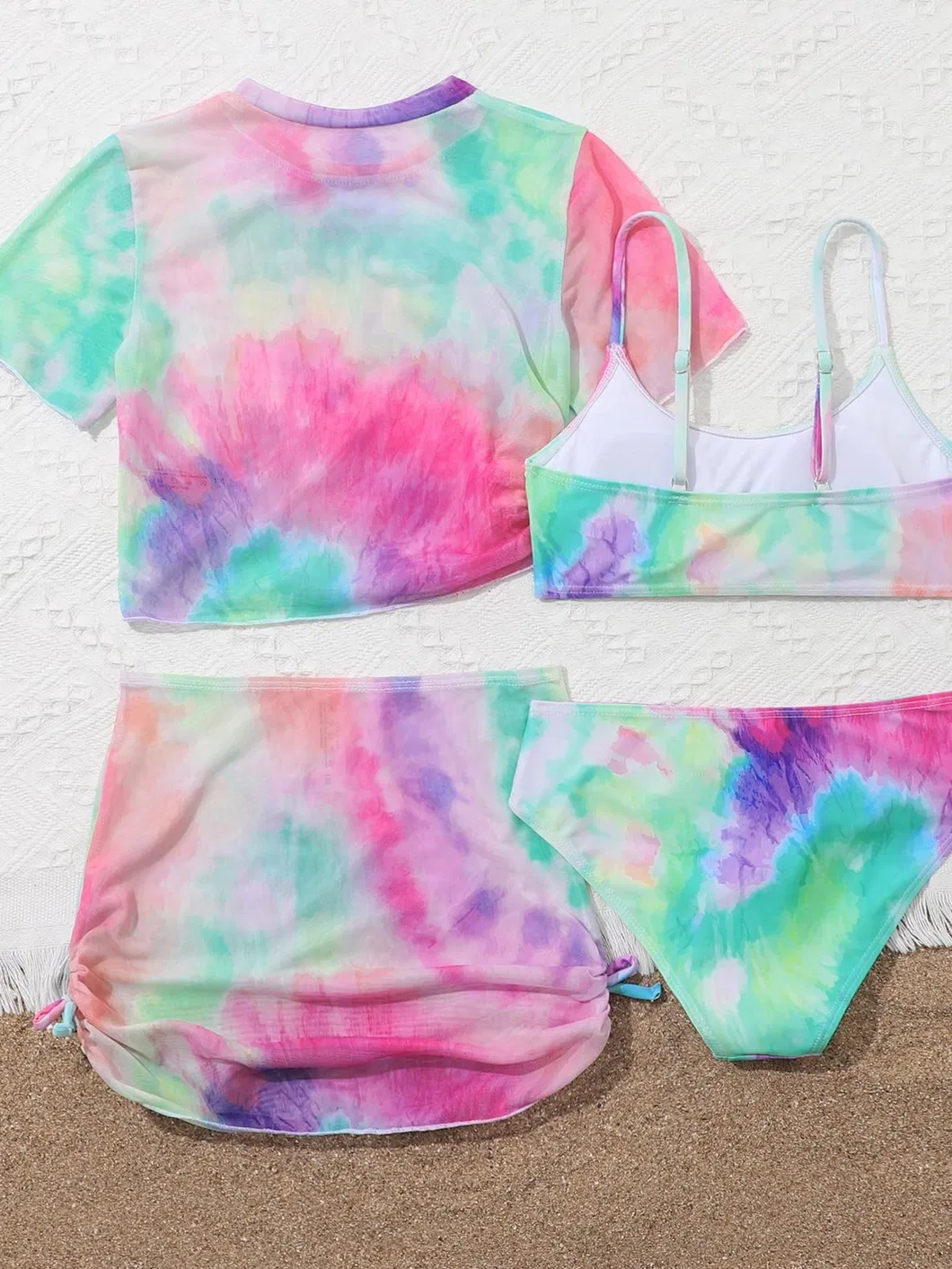 Designer Tie-Dye Colorful Girl Four Pieces Swimsuit with Mini Skirt