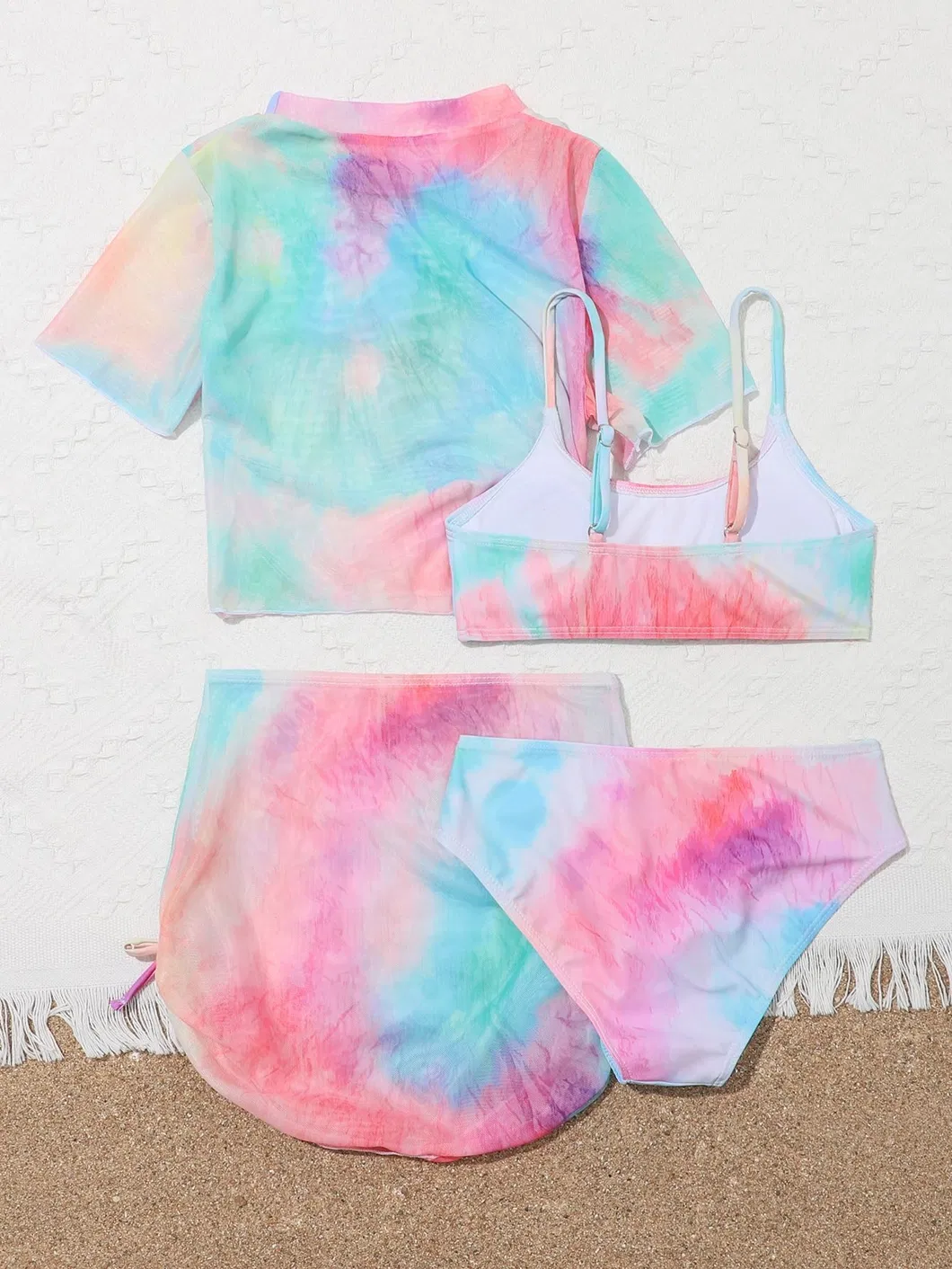 Designer Tie-Dye Colorful Girl Four Pieces Swimsuit with Mini Skirt