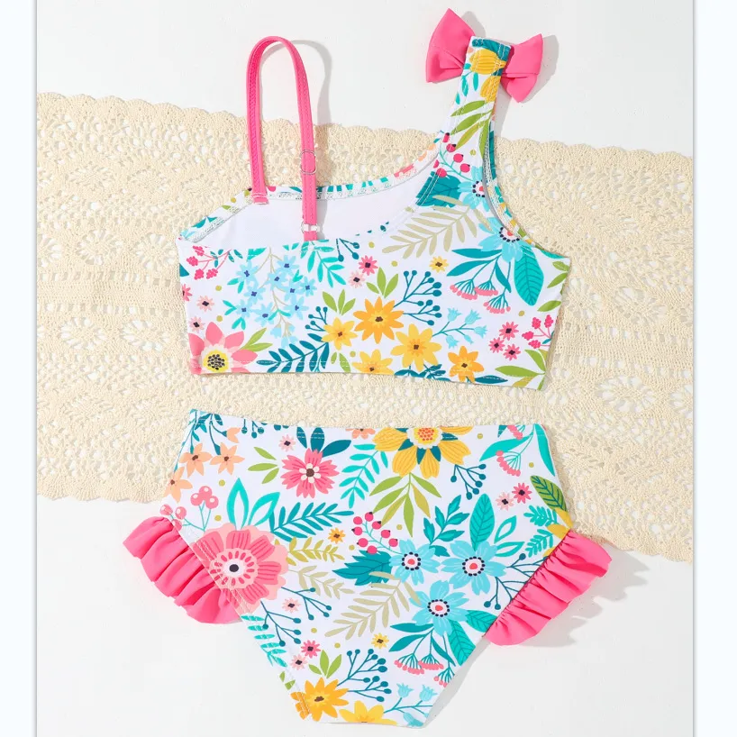 Wholesale Custom Two Pieces Kids Swimsuit Flowers Printed Ruffle Girl Swimwear Cute Children Bikini Set