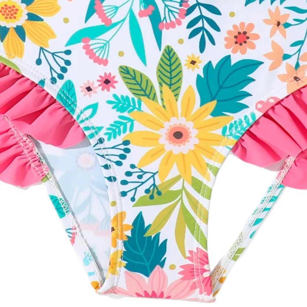 Wholesale Custom Two Pieces Kids Swimsuit Flowers Printed Ruffle Girl Swimwear Cute Children Bikini Set