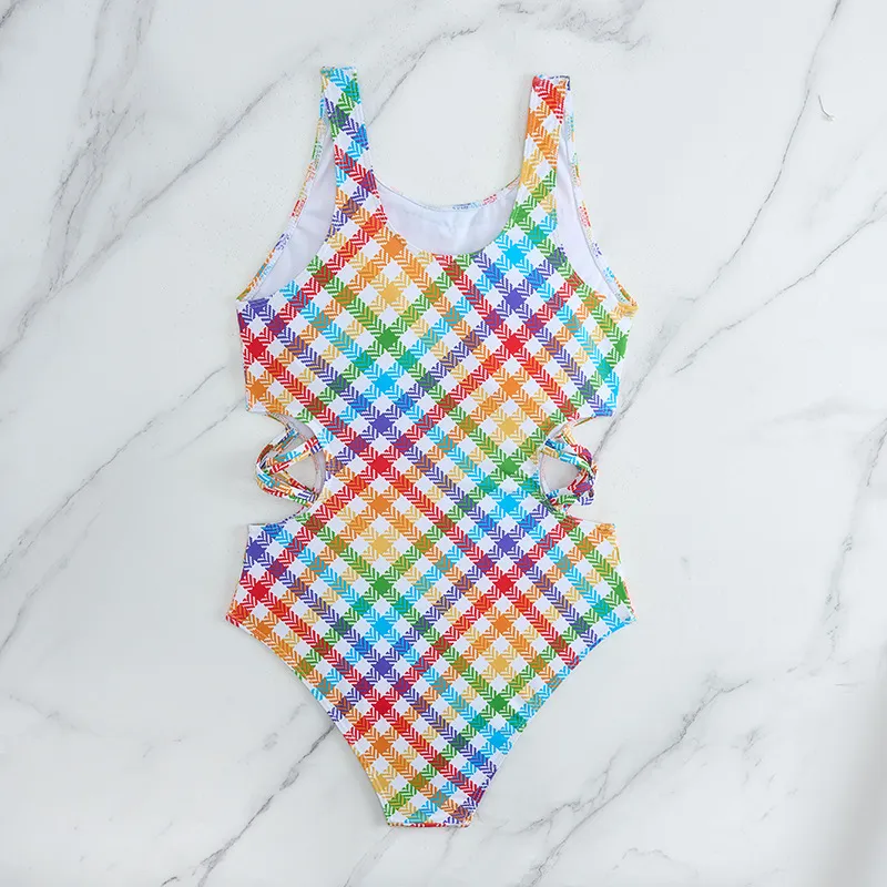 Factory Wholesale Children Colorful Print Cut out Waist One Piece Girl Swimsuit Bathing Suit