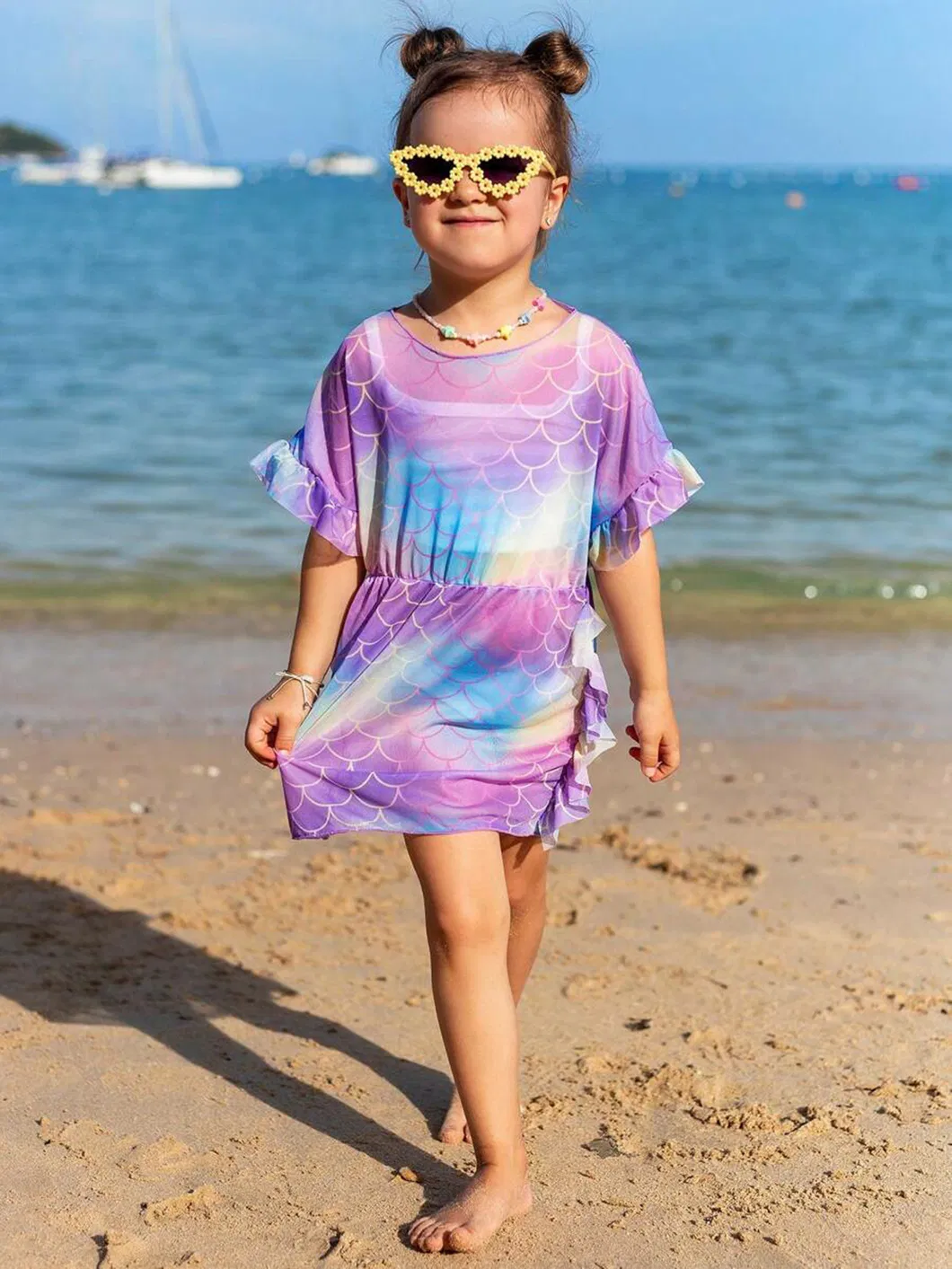 Girl Fish Scale Ruffle Breathable Comfortable High Quality Kids Mesh Summer Clothes Beachwear Swimsuit