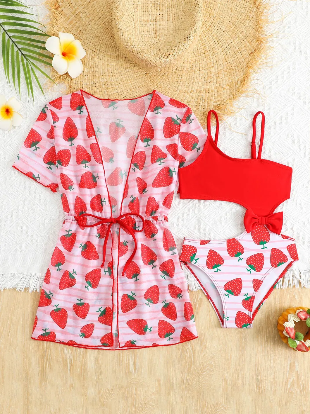 Strawberry Print Irregular Hollow One-Piece Kids Bikini Baby Girl Cute Custom Swimwear