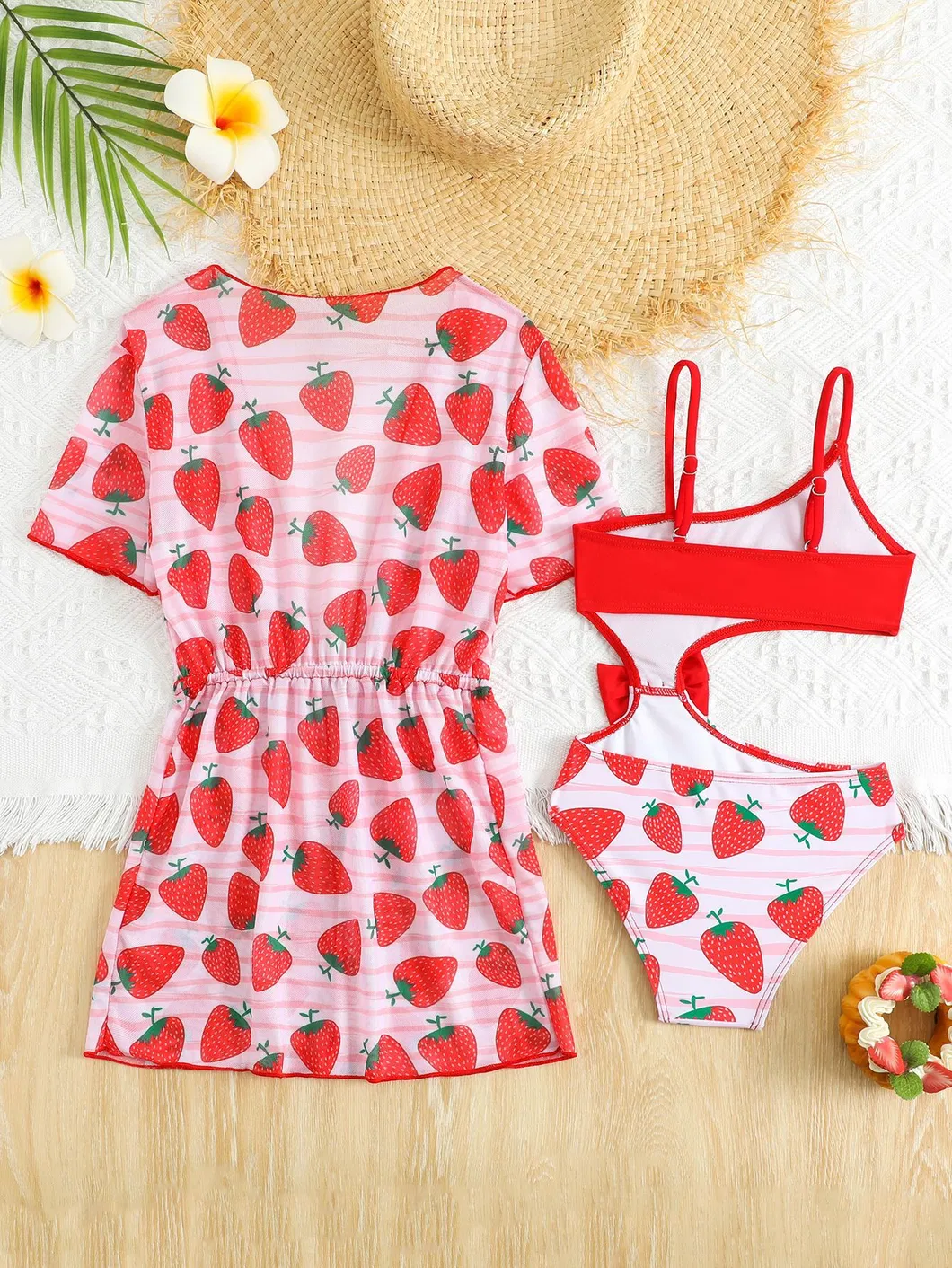 Strawberry Print Irregular Hollow One-Piece Kids Bikini Baby Girl Cute Custom Swimwear