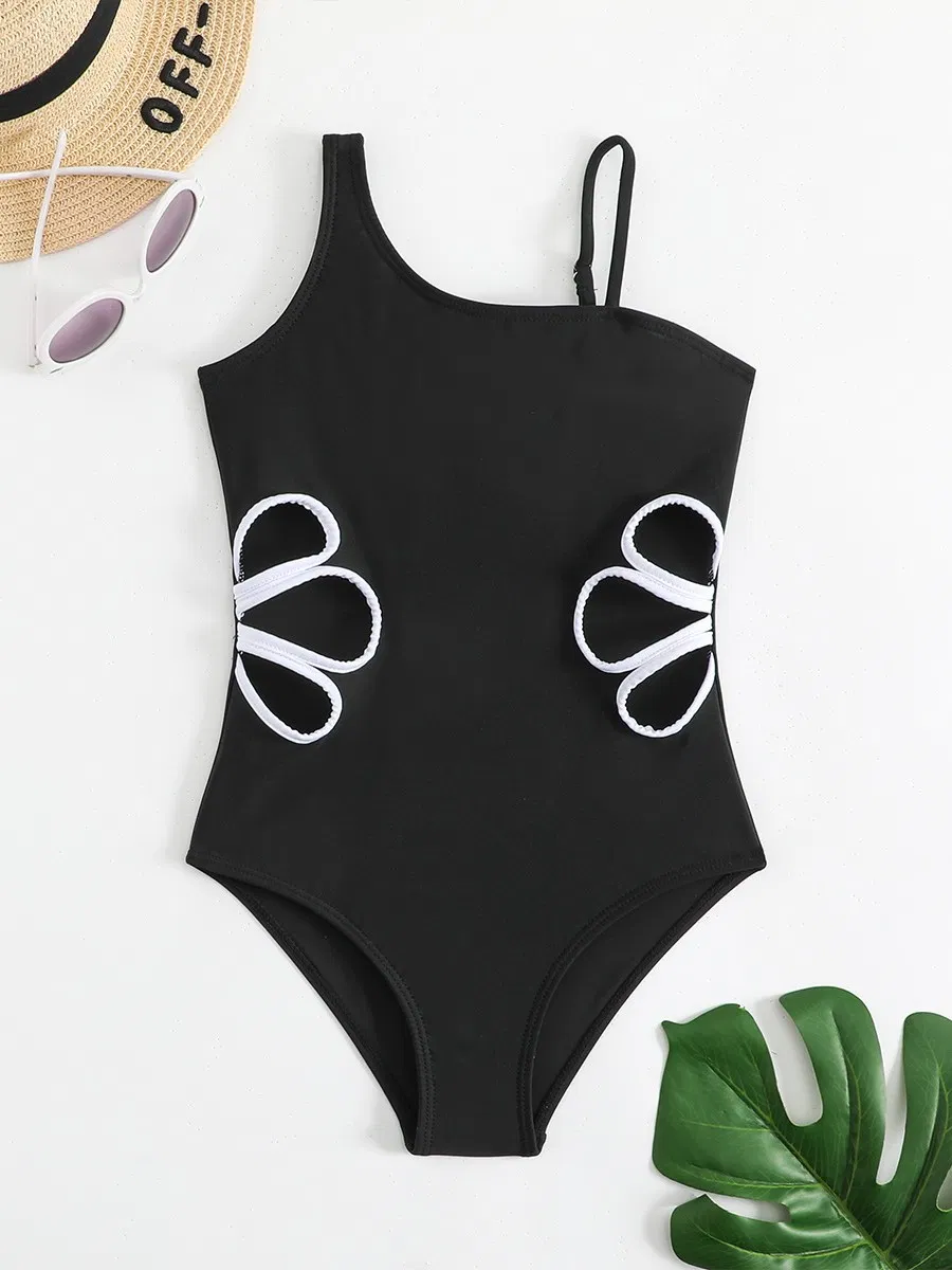 Girl One Piece Cut out Black Custom Bathing Suit Children Swimwear Bikini