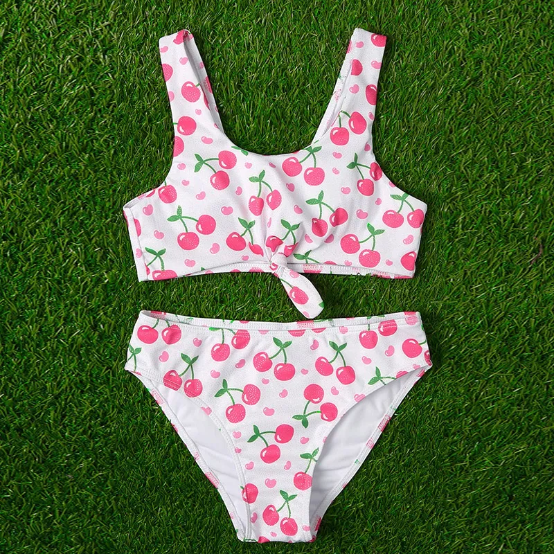 Factory Wholesale Kids High Quality Pink Cherry Printed Cute Two Pieces Children Bikini Swimwear