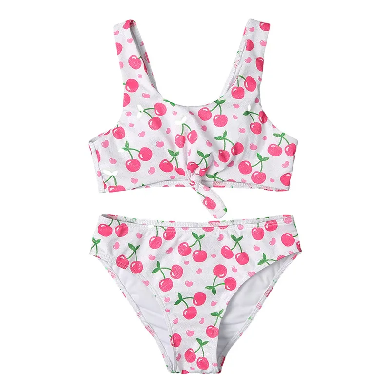 Factory Wholesale Kids High Quality Pink Cherry Printed Cute Two Pieces Children Bikini Swimwear