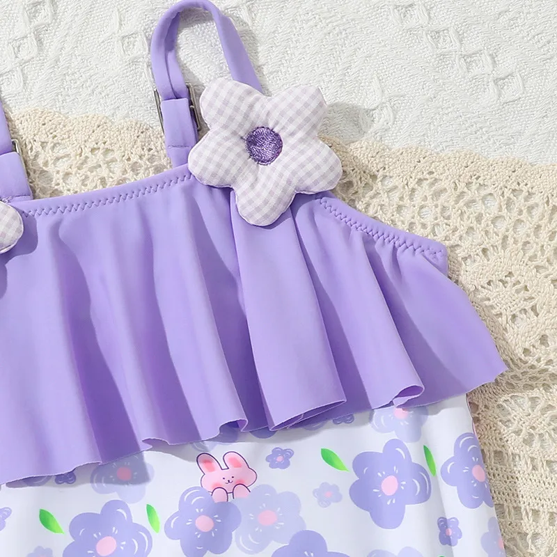 Baby Cute Flowers Printed One Piece Children Bikini Ruffles High Quality Kids Swimwear with Charm