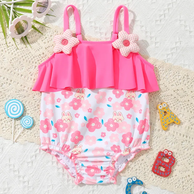 Baby Cute Flowers Printed One Piece Children Bikini Ruffles High Quality Kids Swimwear with Charm