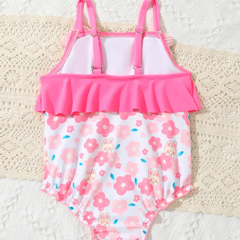Baby Cute Flowers Printed One Piece Children Bikini Ruffles High Quality Kids Swimwear with Charm