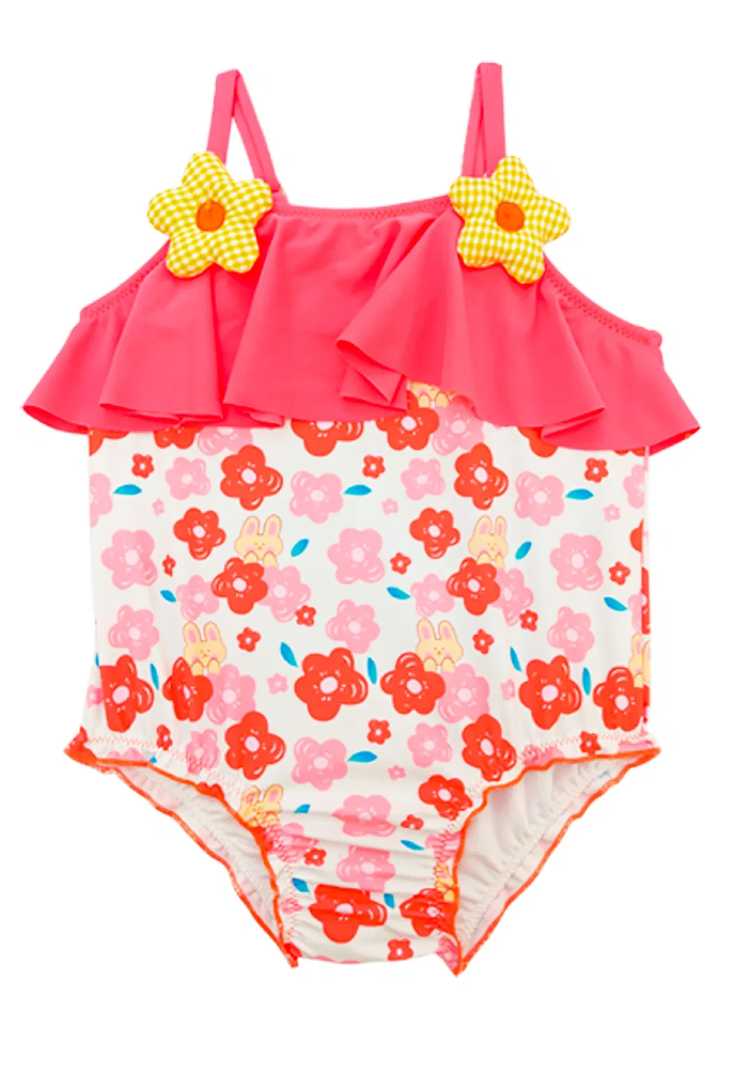 Baby Cute Flowers Printed One Piece Children Bikini Ruffles High Quality Kids Swimwear with Charm