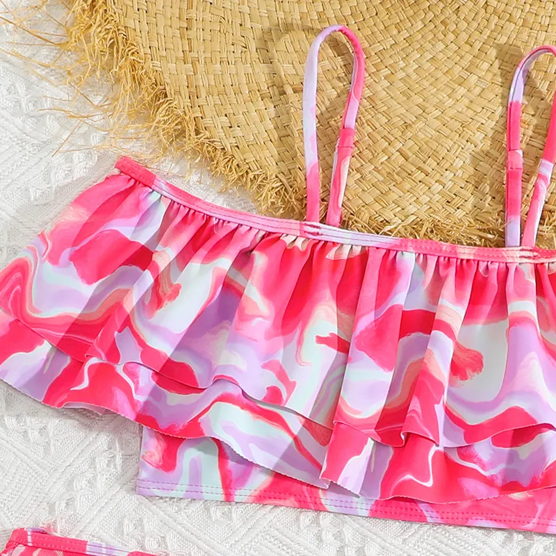 Kids Colorful Printing Three Pieces Children Bikini Set Bandeau Ruffle Top with Mesh Skirt Swimwear