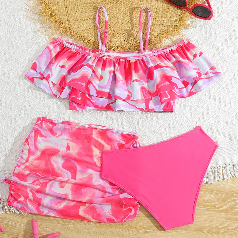 Kids Colorful Printing Three Pieces Children Bikini Set Bandeau Ruffle Top with Mesh Skirt Swimwear