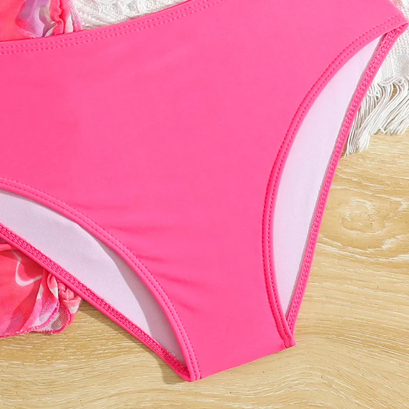 Kids Colorful Printing Three Pieces Children Bikini Set Bandeau Ruffle Top with Mesh Skirt Swimwear