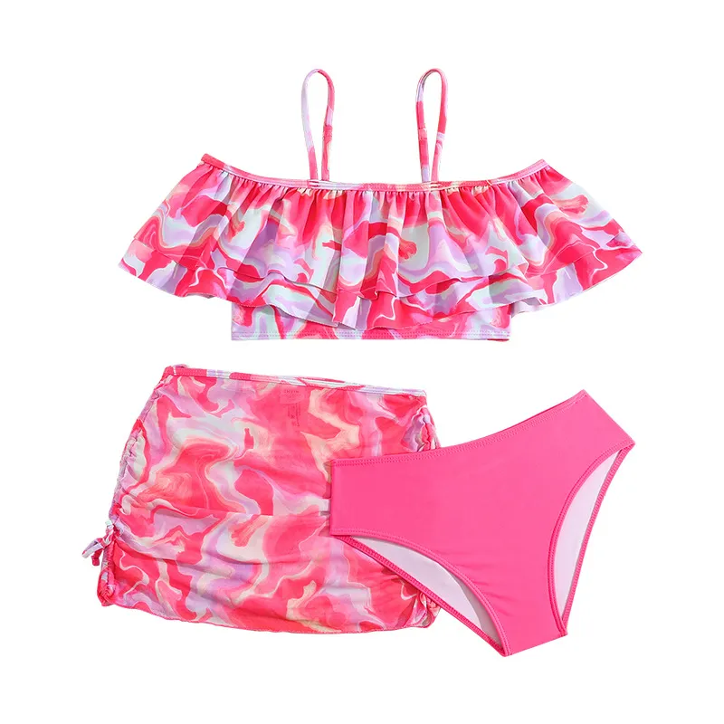 Kids Colorful Printing Three Pieces Children Bikini Set Bandeau Ruffle Top with Mesh Skirt Swimwear