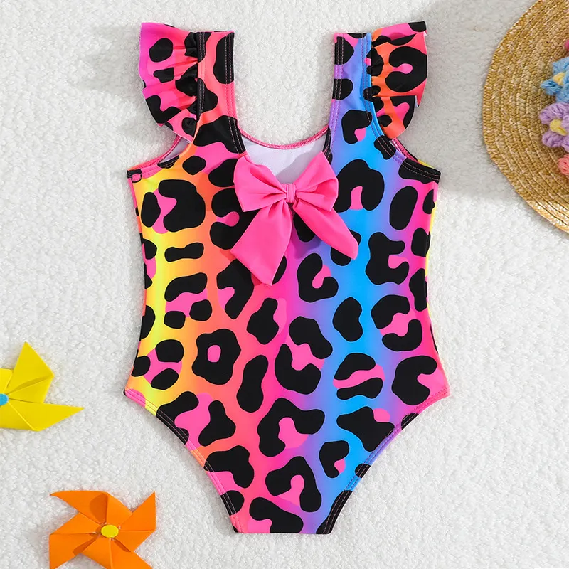Kids Colorful Leopard Print One Piece Children High Quality Bikini Swimwear with Bow